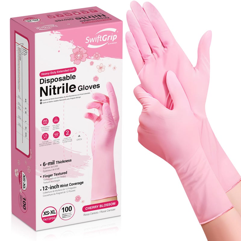 SwiftGrip Disposable Nitrile Dishwashing Gloves Extended 12 Inches Cuff 6mil Small Cherry Blossom Cleaning Gloves for LatexFree Ideal for Cooking Hair Dye Spa Box of 100